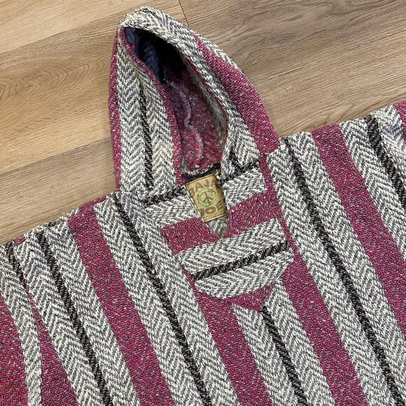 Vintage 90s Baja Joe Men’s Med Crandberry Mexican Baja Hoodie Drug Rug Pancho - Picture 7 of 12